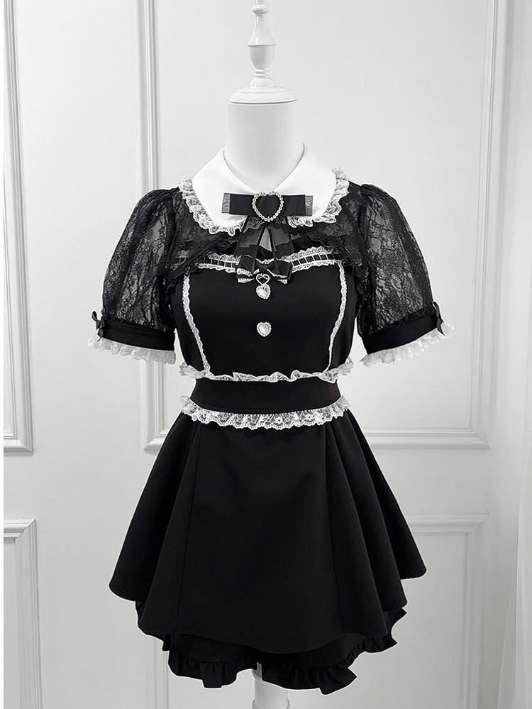 Black Jirai Kei Set -Shirt Collar Sweetheart Rhinestone Decoration Lace Shawl Top + Shorts + Bowtie
