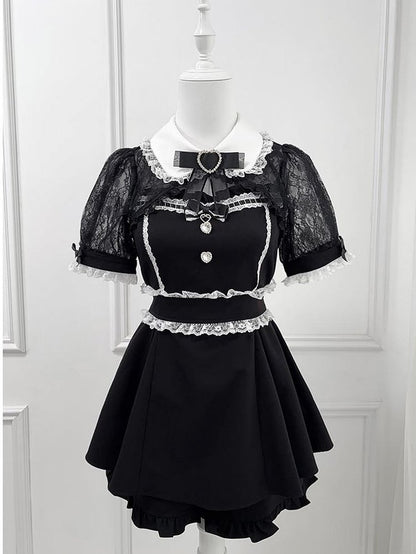 Black Jirai Kei Set -Shirt Collar Sweetheart Rhinestone Decoration Lace Shawl Top + Shorts + Bowtie