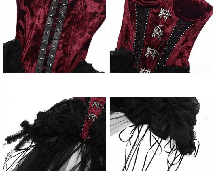 Gothic Black and Red Bustier Corset Lace-up Top Drawstring Hem