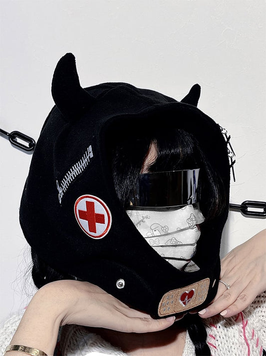 Pins and Zip Design Black Punk Devil Horns Hat