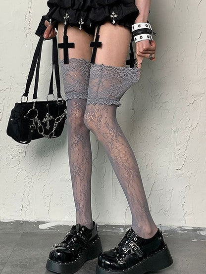 Gray Floral Pattern Lace Trim Y2K Overknee Stockings