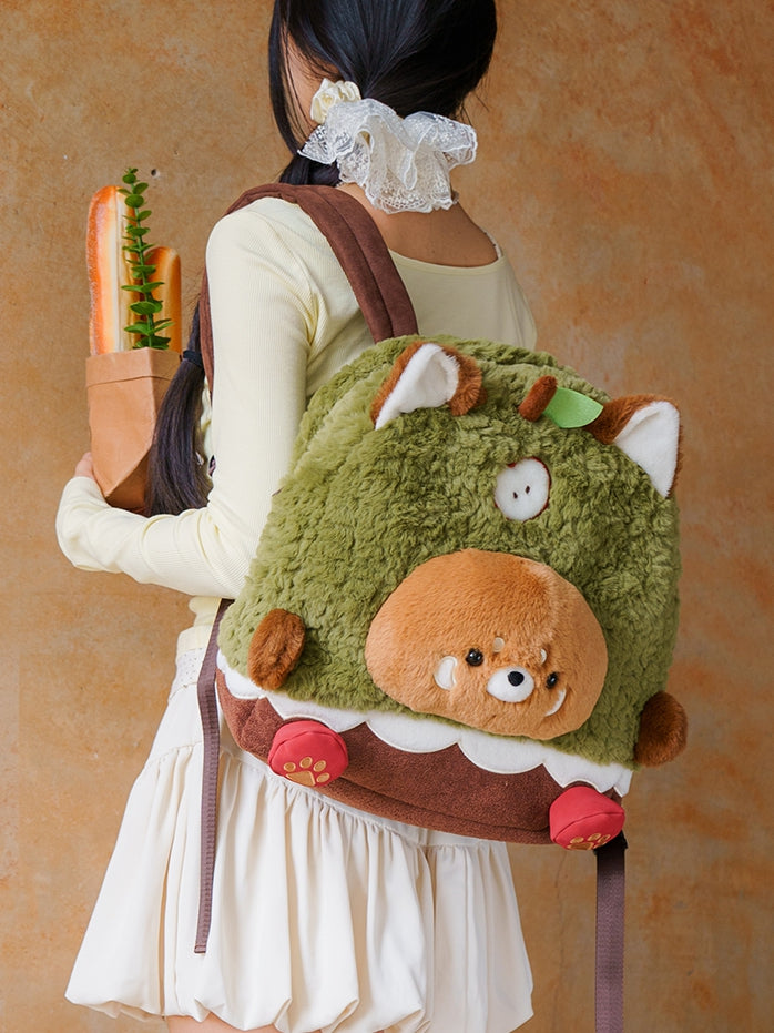 Brown&Green Apple Design Cute Plush Red Panda Backpack Middle/Large Size