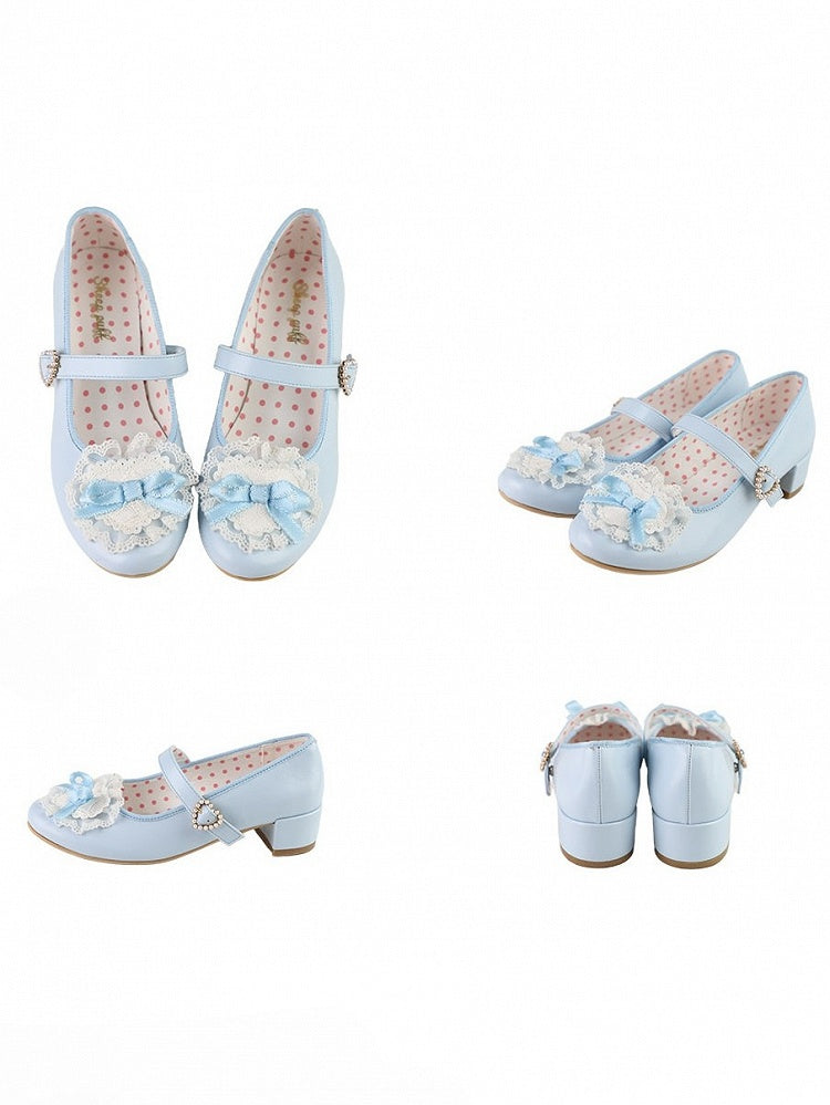 Blue Bow at Top Lace Trim Beaded Heart Buckles Lolita Shoes