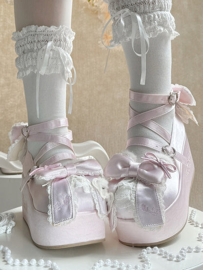 Platform Pink Mary Janes in Satin with Plush Teddy Ears, Bow Decor & Heart Buckles