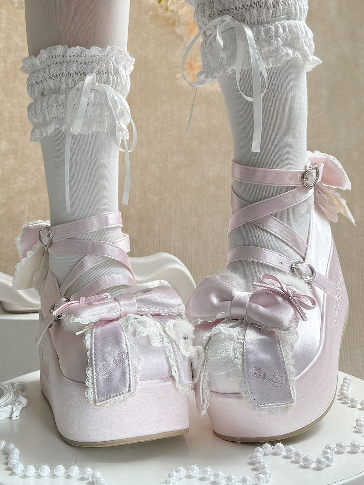 Platform Pink Mary Janes in Satin with Plush Teddy Ears, Bow Decor & Heart Buckles