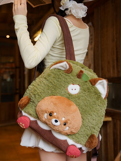 Brown&Green Apple Design Cute Plush Red Panda Backpack Middle/Large Size