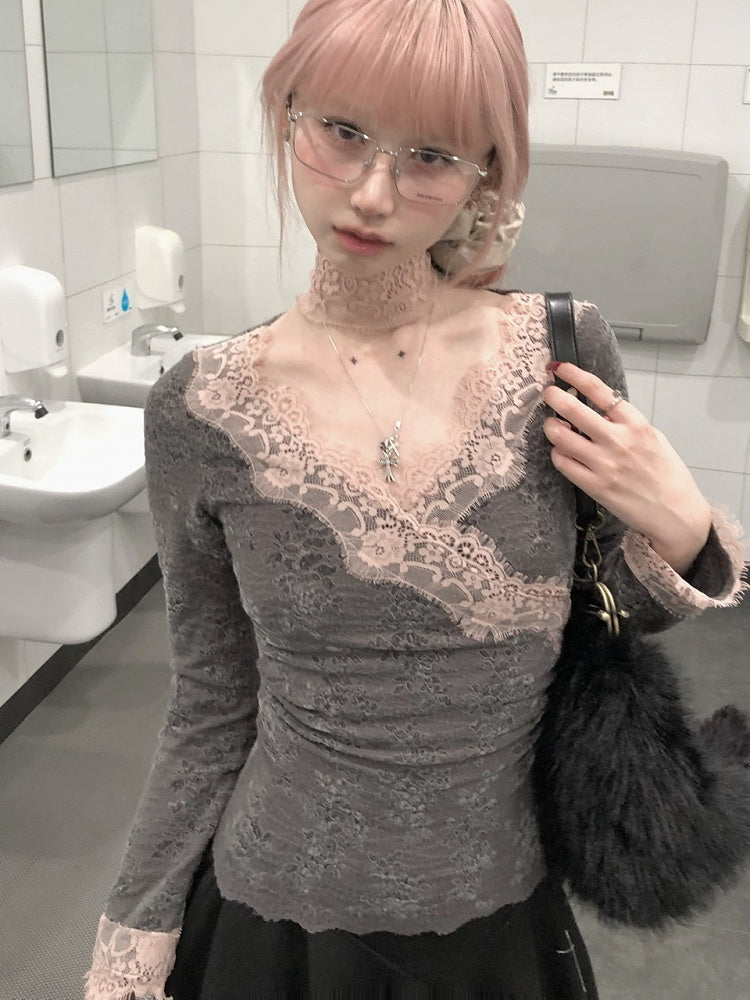 Gray & Pink Lace Trim Crossover Long Sleeve Top