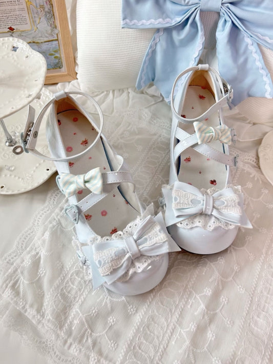 Round Toe Sweet Lolita Baby Blue Mid-heel Mary Janes in PU - Lace Trim, Bow Accents & Crisscross Design