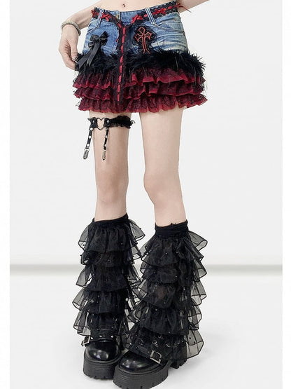 Blue Y2K Contrast Lace Patches Tiered Skirt