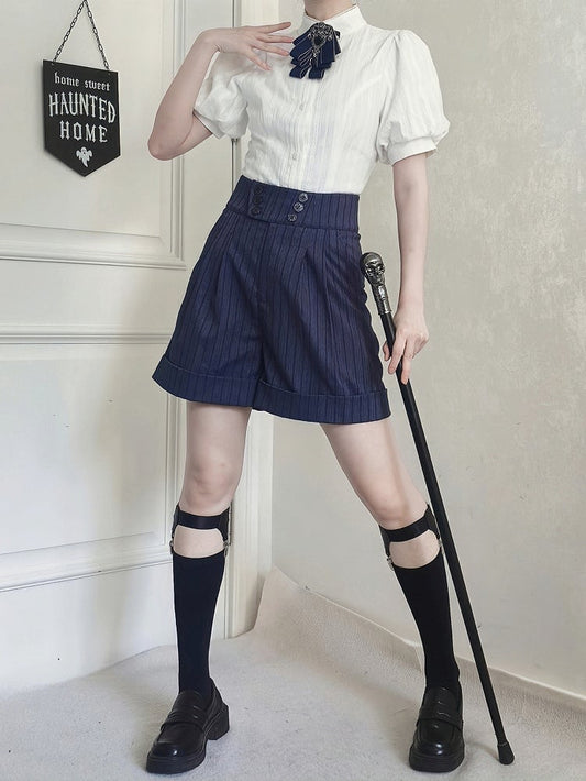 Striped Fabric Dark Blue Ouji Lolita Straight-leg Shorts