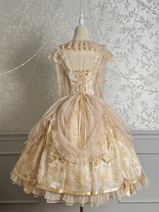 Champagne Corset Waist Drawstring Overlay Skirt Lolita Jumper Skirt
