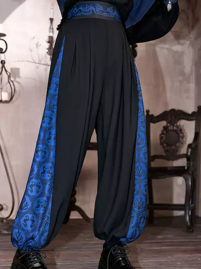 Blue Seahorse and Coral Print Black Drawsting Cuff Cheongsam Style Wide-leg Pants