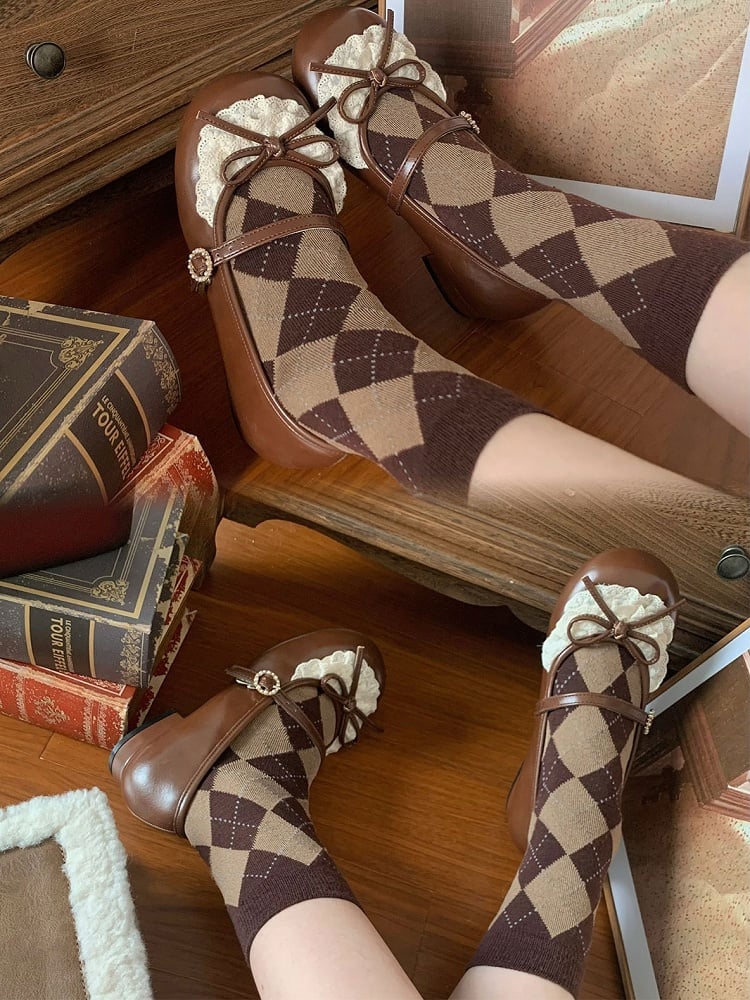 Dark Brown Knotted Bow Accent Lace Trim 2.2CM Heels Round Toe Mary Janes