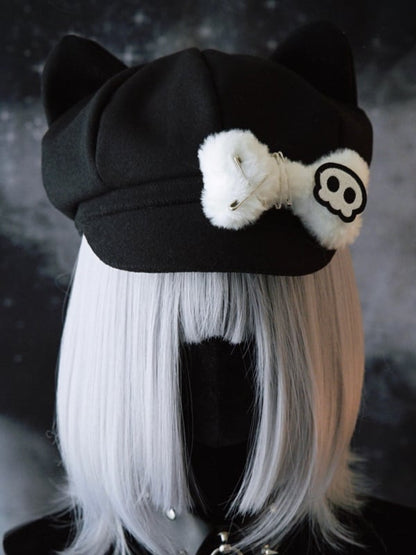 Black Gothic Skeleton Applique Pin Decorated Plush Bone Design Cat Ear Beret Hat