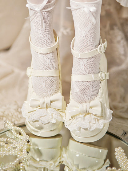 Milky White Bow at Top Lace Trim Heart Buckles Platforms