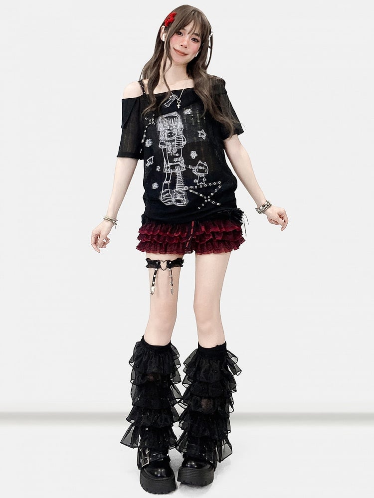 Black Off-the-shoulder Neckline Cartoon Girl Print Studs Details T-shirt