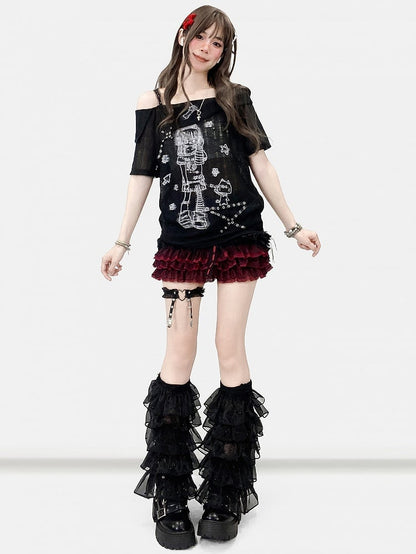 Black Off-the-shoulder Neckline Cartoon Girl Print Studs Details T-shirt