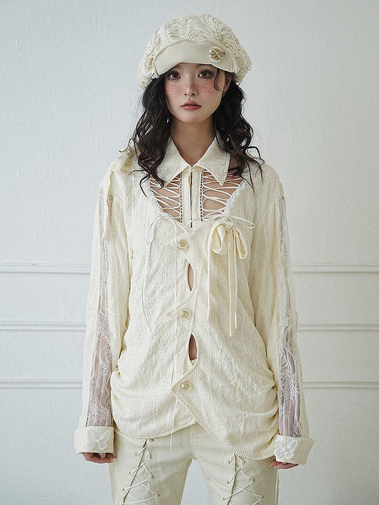 Lace-up Detail Beige Bowknot Details Long Sleeves Shirt
