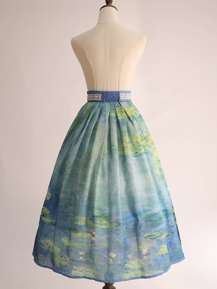Water Lily Oil Painting Print Blue and Green High Waist Skirt Long/Short Version