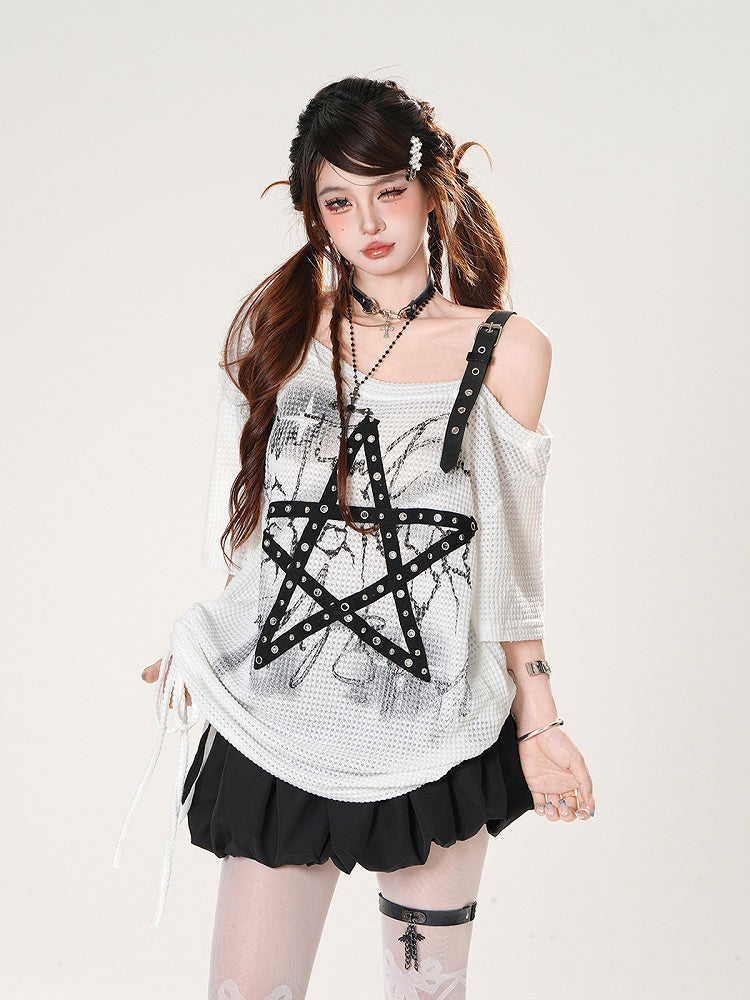 Asymmetrical Neckline Star-shaped Straps Black/White Waffle T-shirt