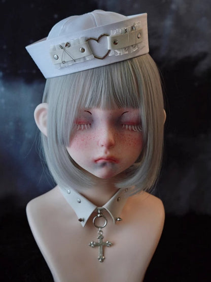 White Heart-shaped Ring Studs Pins Lace Sailor Hat