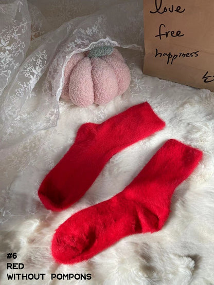 6 Options Red/White Bow Pompons Ankle/Calf Socks