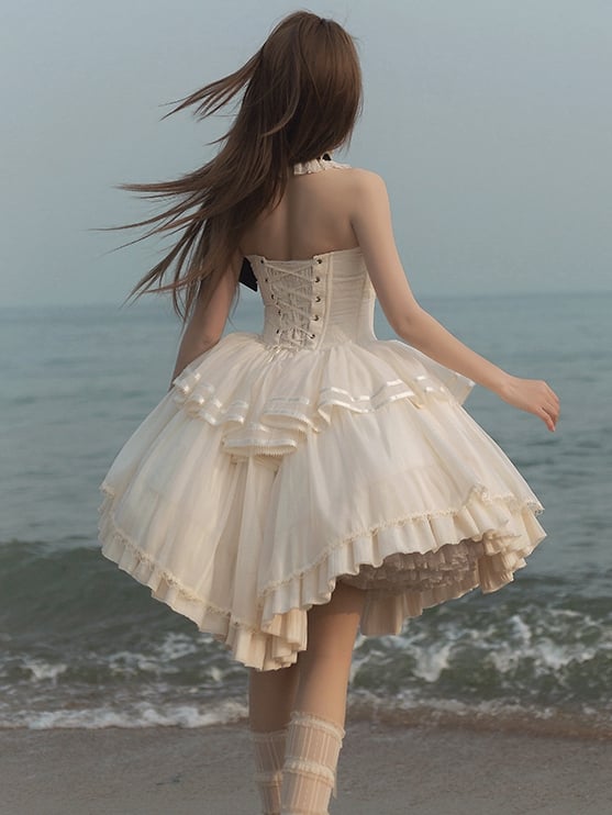 Creamy Delicate Embroidery Detail Classic Lolita Backless Halter Neck Dress
