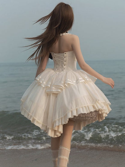 Creamy Delicate Embroidery Detail Classic Lolita Backless Halter Neck Dress