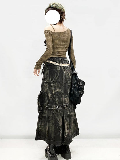 Black Faded Wash Cargo Pockets Wasteland Punk Skirt