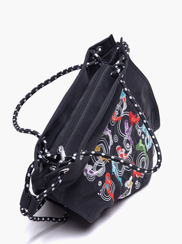 Trendy Black Lucky Koi Embroidery Tote Bag With Zipper Closure And Drawstring Strap