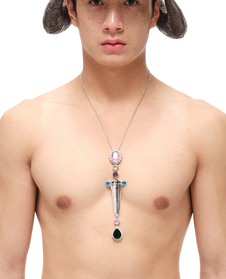 Multi-colored Rhinestones Silver Sword Charm Necklace