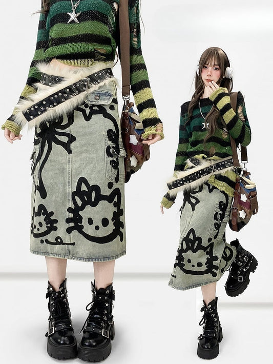 Blue Y2K Kitty And Bowknot Print Denim Skirt