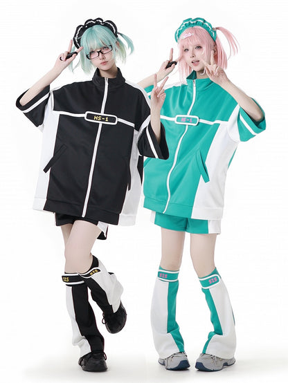 Green & White Colorblock Design Leg Warmers