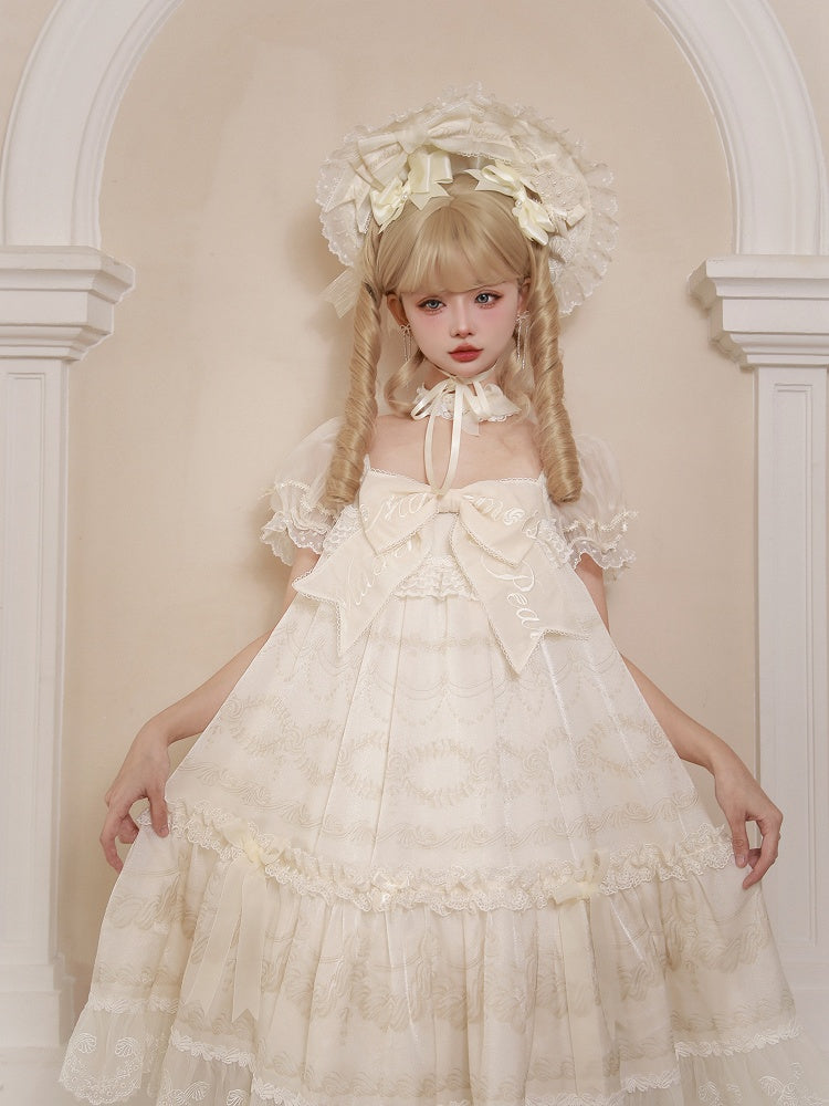Embroidered Big Bow Neckline Cream Print Creamy White Puff Sleeves Lolita Dress
