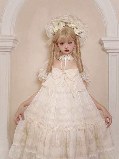Embroidered Big Bow Neckline Cream Print Creamy White Puff Sleeves Lolita Dress