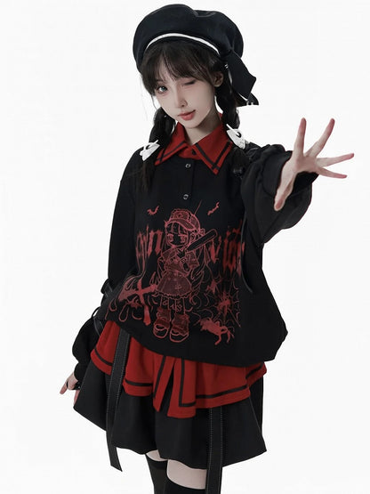 Techwear-Style Black/White Anime Girl Graffiti Sweatshirt with Letter Print and Detachable Snap Straps