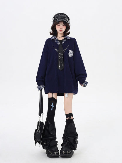 Navy Blue / Gray Retro Academic Plaid Loose Fit Sweater