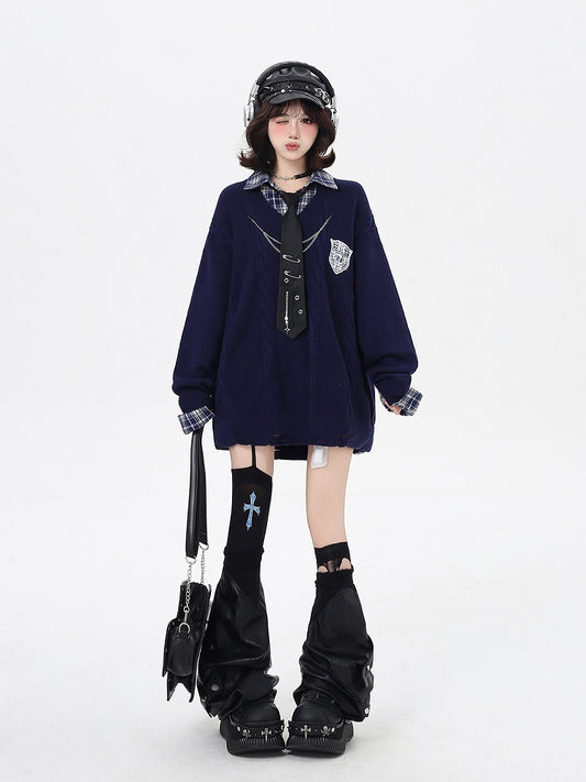 Navy Blue / Gray Retro Academic Plaid Loose Fit Sweater