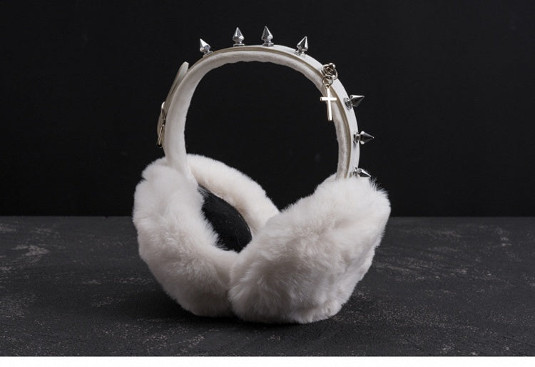 White Handmade Studs Cross Buckle Plush Earmuffs