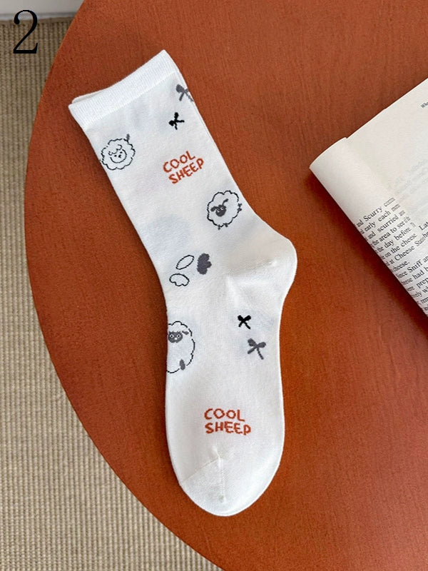 White Calf Socks With Sheep/Capy Bara/Puppy/Kitty/Bunny Patterns