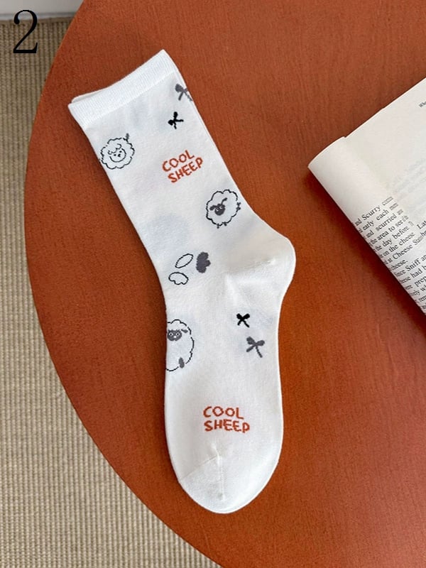 White Calf Socks With Sheep/Capy Bara/Puppy/Kitty/Bunny Patterns