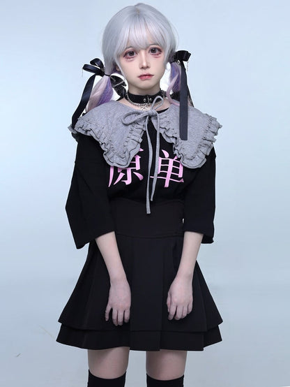 Black Jirai Kei Oversized Round Neck Graphic T-shirt