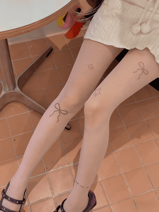 White/Nude Semi-sheer Bowknot and Star Print Pantyhose