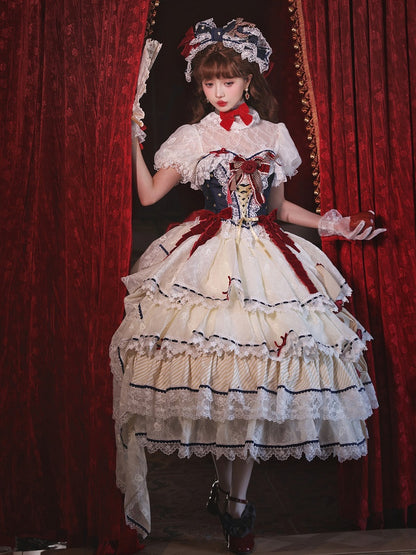 Snow White Vibes Dark Blue and Red Boned Corset Top + Tiered Skirt Gorgeous Hime Lolita Full Set