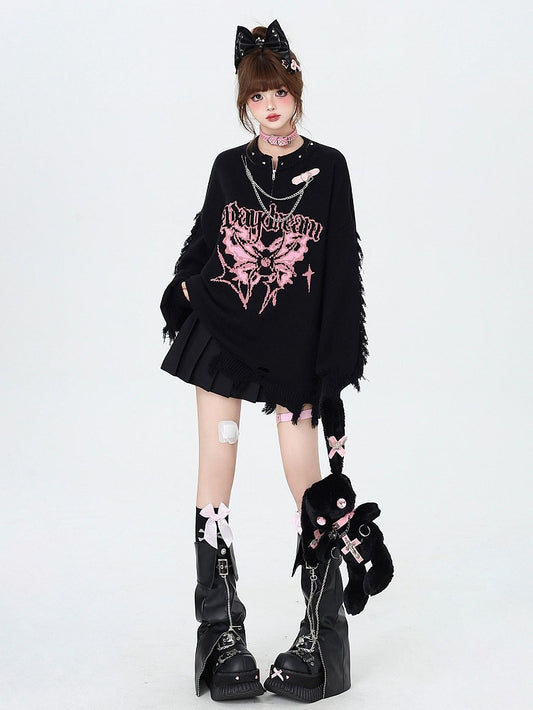 Black Gothic Distressed Holes Butterfly Sweater with Studs and Chains