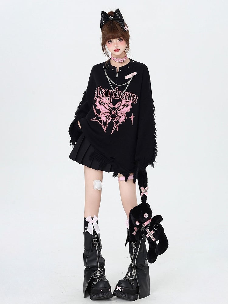Black Gothic Distressed Holes Butterfly Sweater with Studs and Chains
