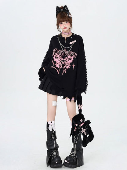 Black Gothic Distressed Holes Butterfly Sweater with Studs and Chains