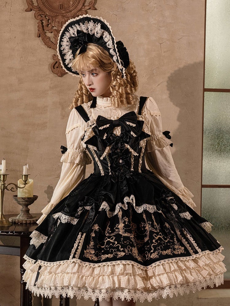Bows Decoration Candle Embroidery Black Velvet Dress Lolita JSK / Set