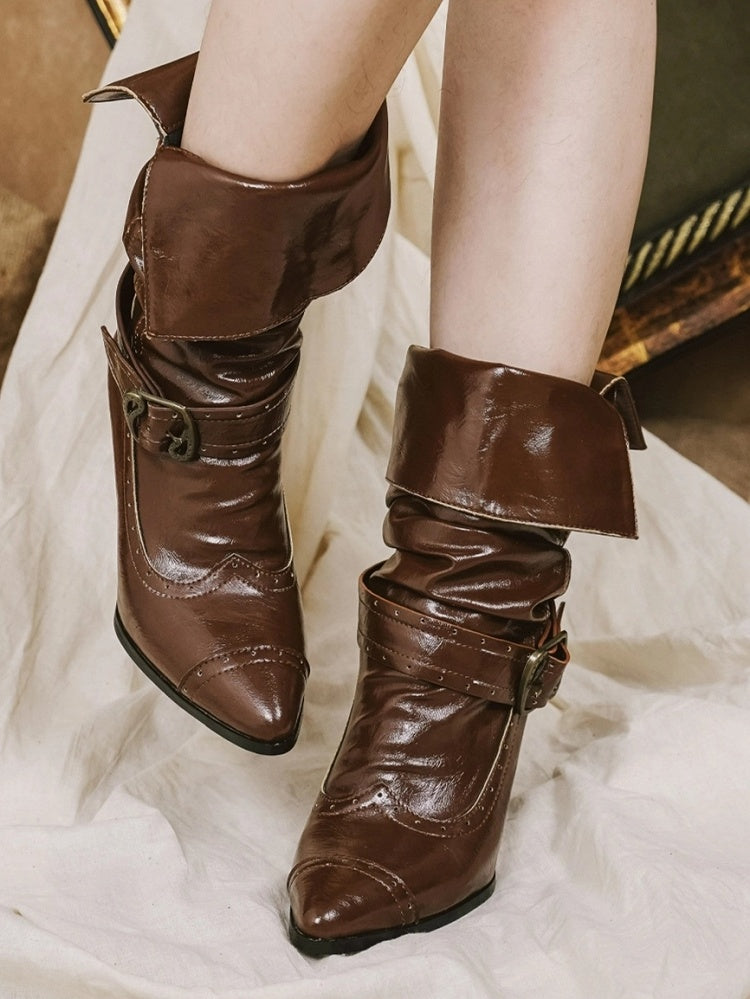 7.5cm High-heel Light Brown Stacked Boots - Slip-On Design with Collapsible Shaft & Ornate Clasps