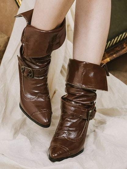 7.5cm High-heel Light Brown Stacked Boots - Slip-On Design with Collapsible Shaft & Ornate Clasps